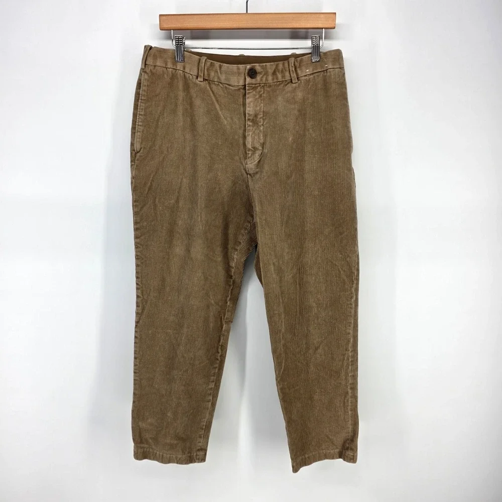Uniqlo Corduroy Pants Mens L 33-36 Brown Straight Leg Elastic Waist 321-451817